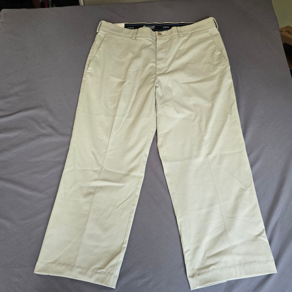Haggar pants Mens 38x29 (26) altered Khaki Flat Front Classic Fit Stretch